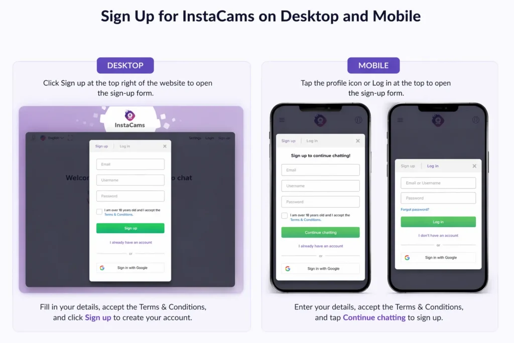 sign up steps for instacams