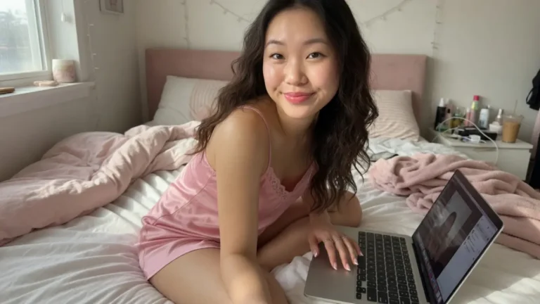 asian woman on her bed with the laptop on video chat