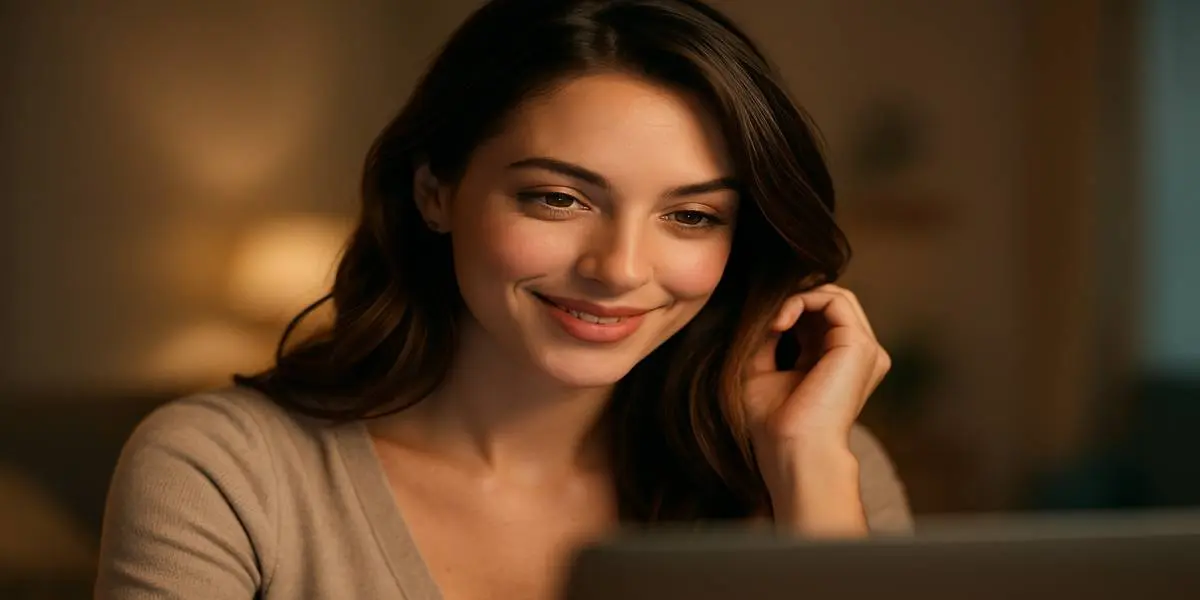 Flirtatious woman smiling during a video chat on a ChatRuletka alternative