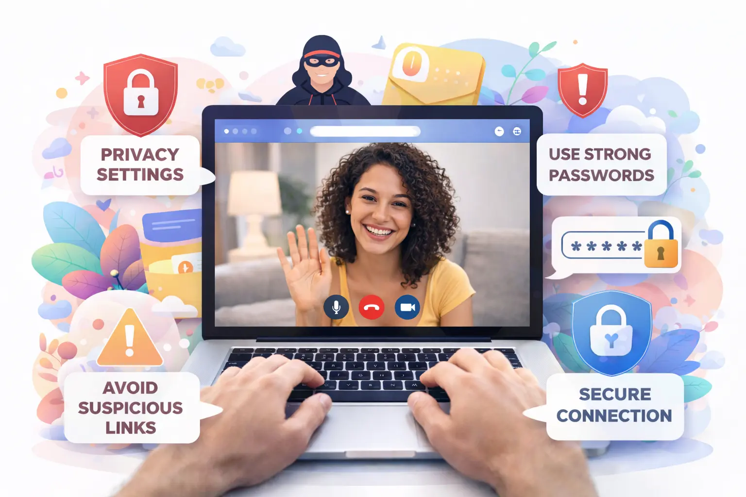 Safety guide for video chatting showing a user blocking a suspicious profile on a YouNow alternative
